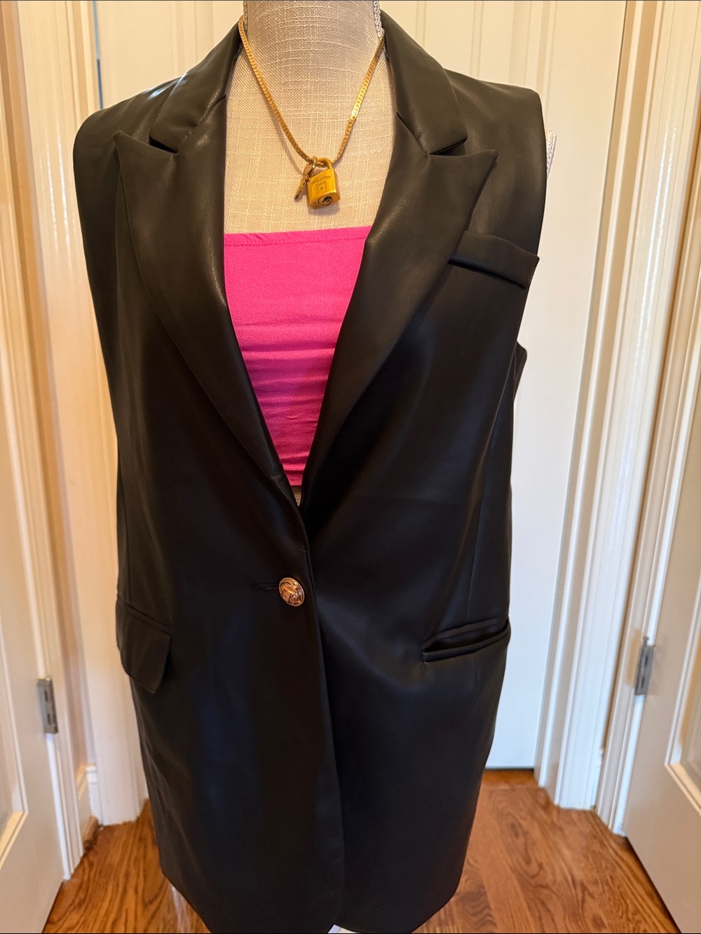 NWT Rachel Zoe Black Faux Leather Sleeveless Blazer Vest with Gold Button